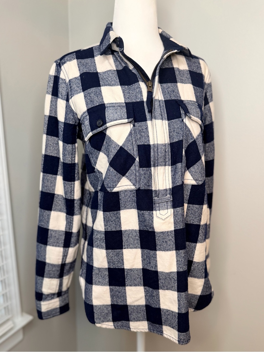 J. Crew Wool Blend Navy and White Buffalo Plaid Pullover Shirt Jacket
